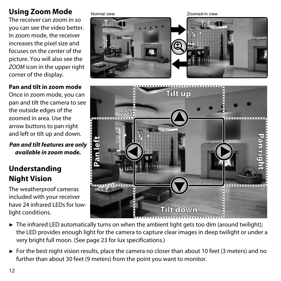 Tilt up tilt down pan lef t pan r igh t, Using zoom mode, Understanding night vision | Uniden UDW10055 User Manual | Page 12 / 26