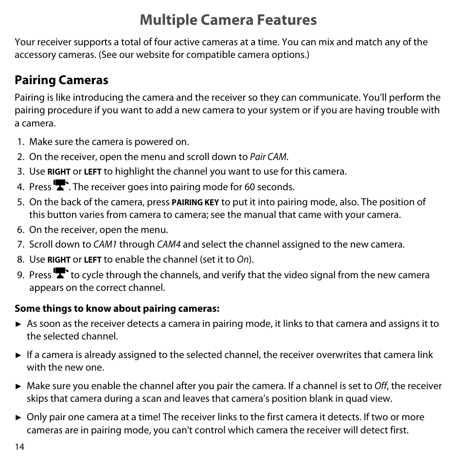 Multiple camera features, Pairing cameras | Uniden UDW10055 User Manual | Page 14 / 26