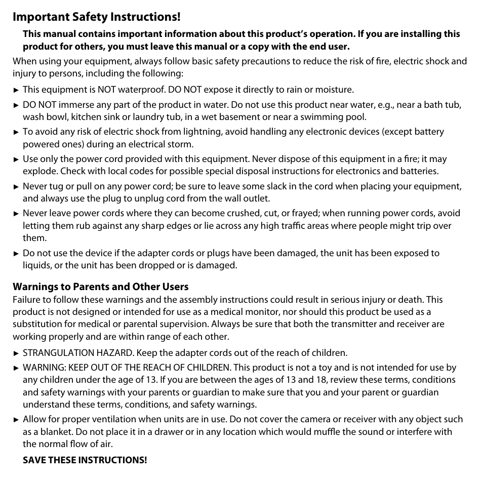 Important safety instructions, Warnings to parents and other users | Uniden UDW10055 User Manual | Page 2 / 26