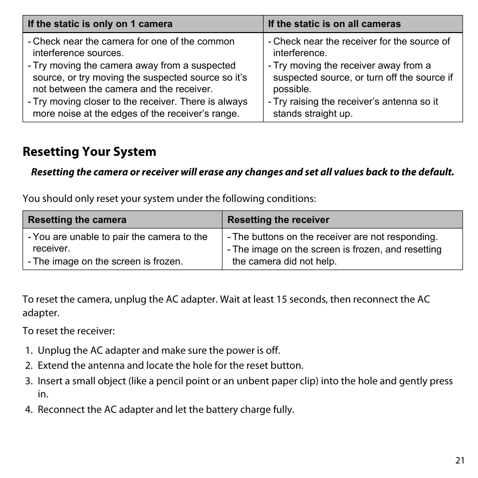 Resetting your system | Uniden UDW10055 User Manual | Page 21 / 26