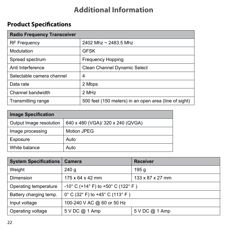 Additional information, Product specifications | Uniden UDW10055 User Manual | Page 22 / 26