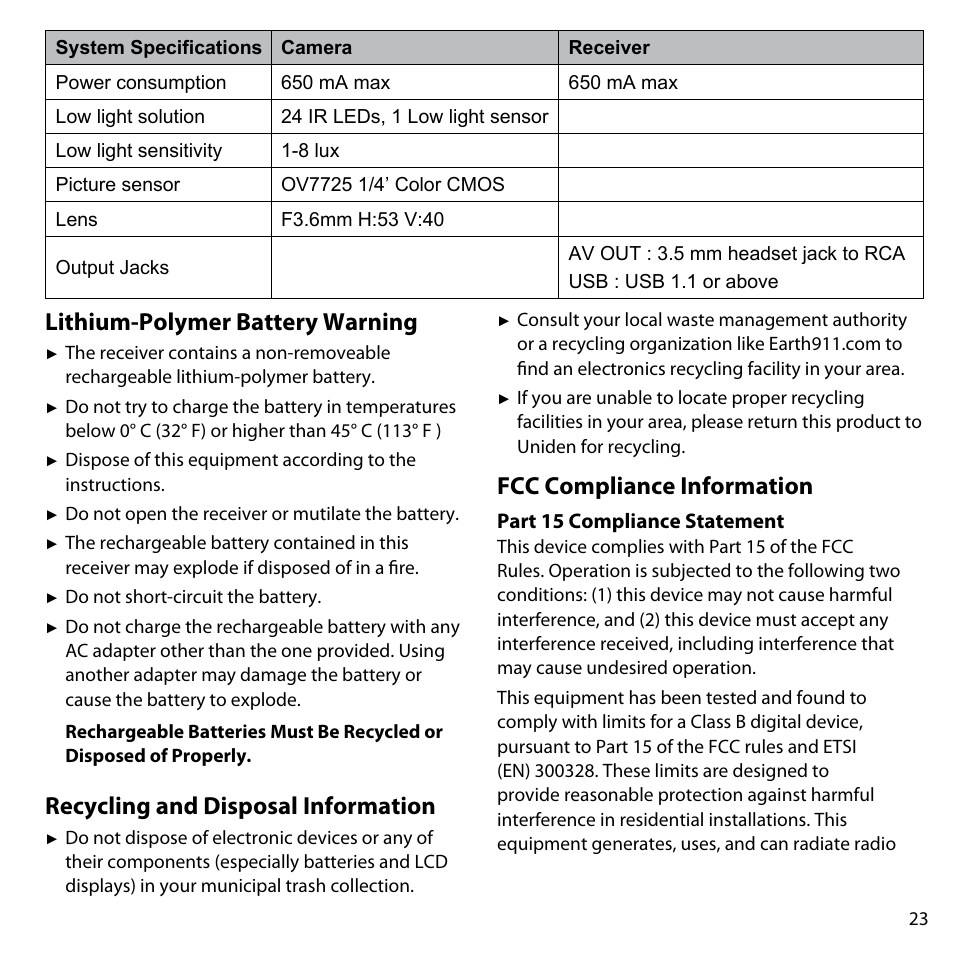 Lithium-polymer battery warning, Recycling and disposal information, Fcc compliance information | Part 15 compliance statement | Uniden UDW10055 User Manual | Page 23 / 26