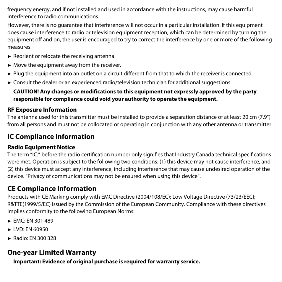 Ic compliance information, Ce compliance information, One-year limited warranty | Rf exposure information, Radio equipment notice | Uniden UDW10055 User Manual | Page 24 / 26