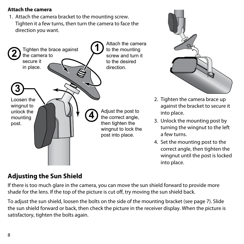 Adjusting the sun shield | Uniden UDW10055 User Manual | Page 8 / 26
