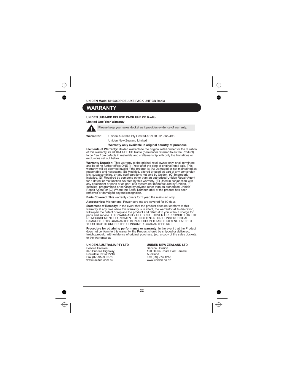 Warranty | Uniden UH044DP User Manual | Page 23 / 24