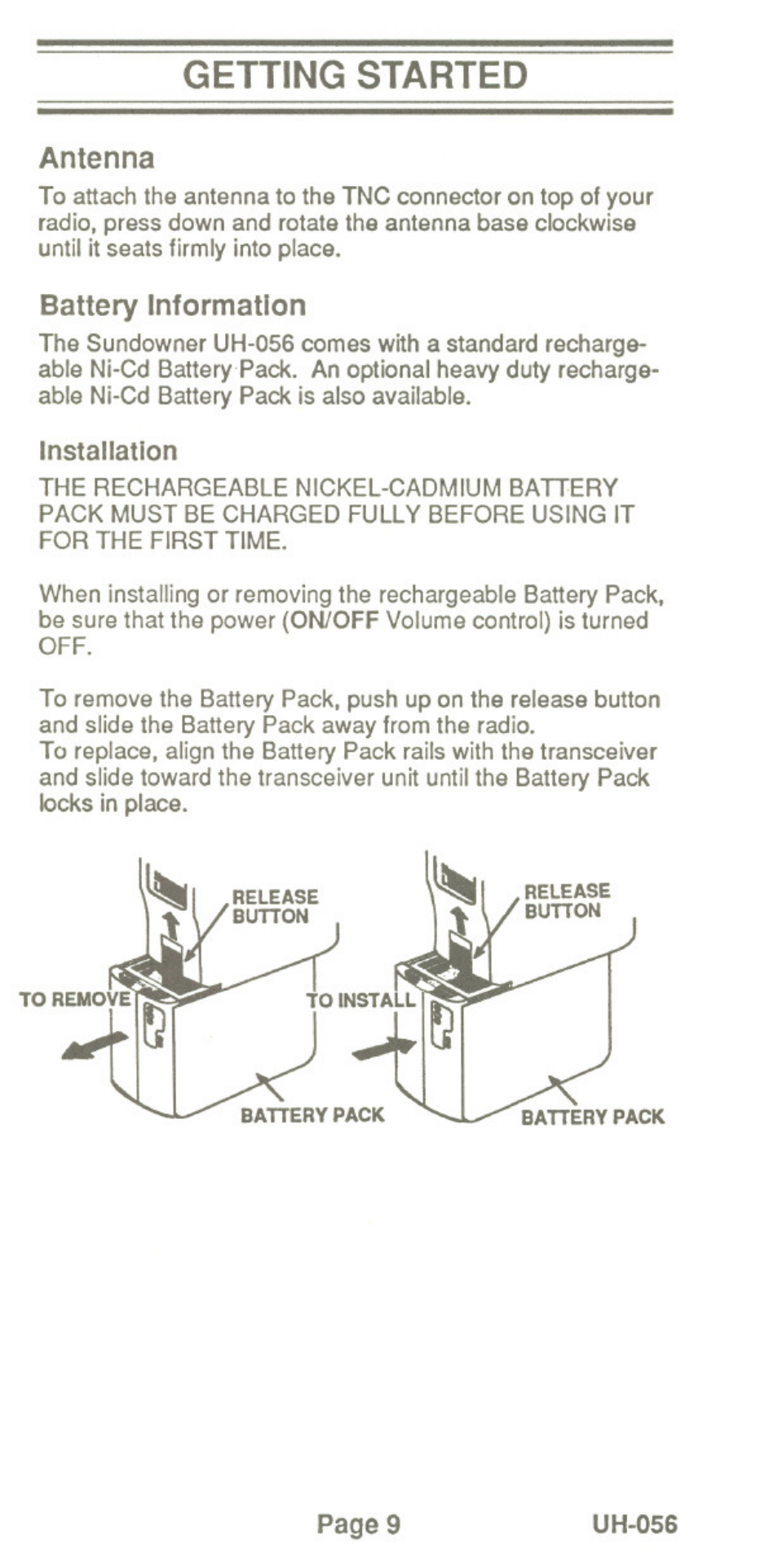Getting started, Antenna, Battery information | Uniden UH-056 User Manual | Page 11 / 24