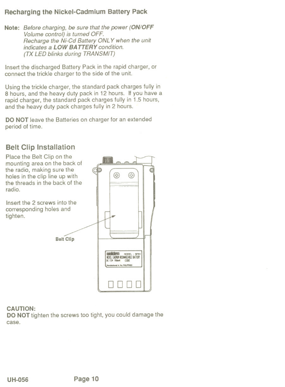 Belt clip instaiiation, Recharging the nickel-cadmium battery pack, Do not | Uniden UH-056 User Manual | Page 12 / 24