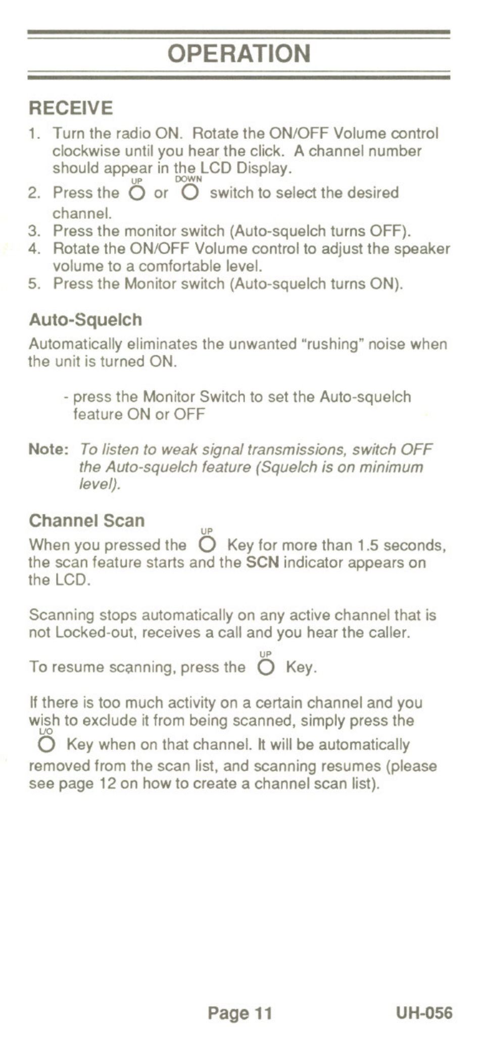 Operation, Receive, Auto-squelch | Channel scan | Uniden UH-056 User Manual | Page 13 / 24