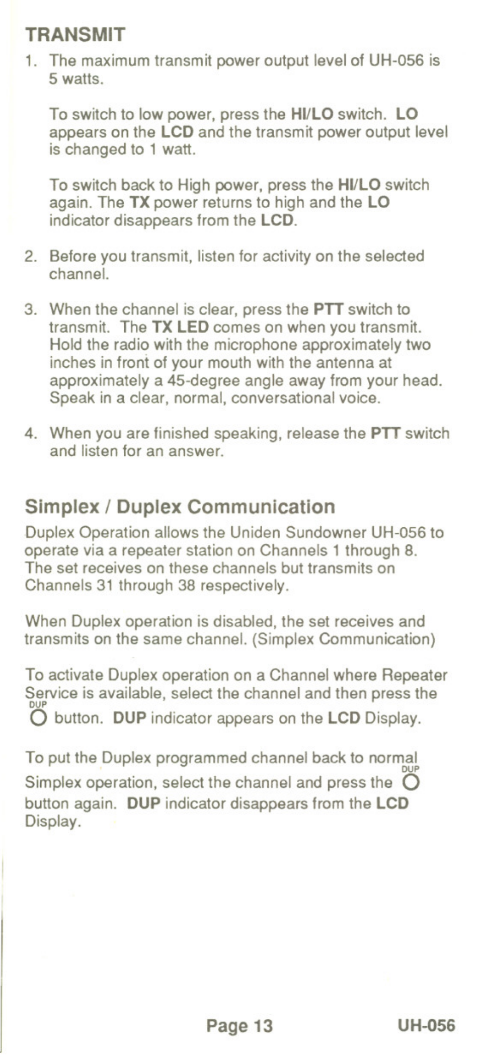 Transmit, Simplex / duplex communication | Uniden UH-056 User Manual | Page 15 / 24