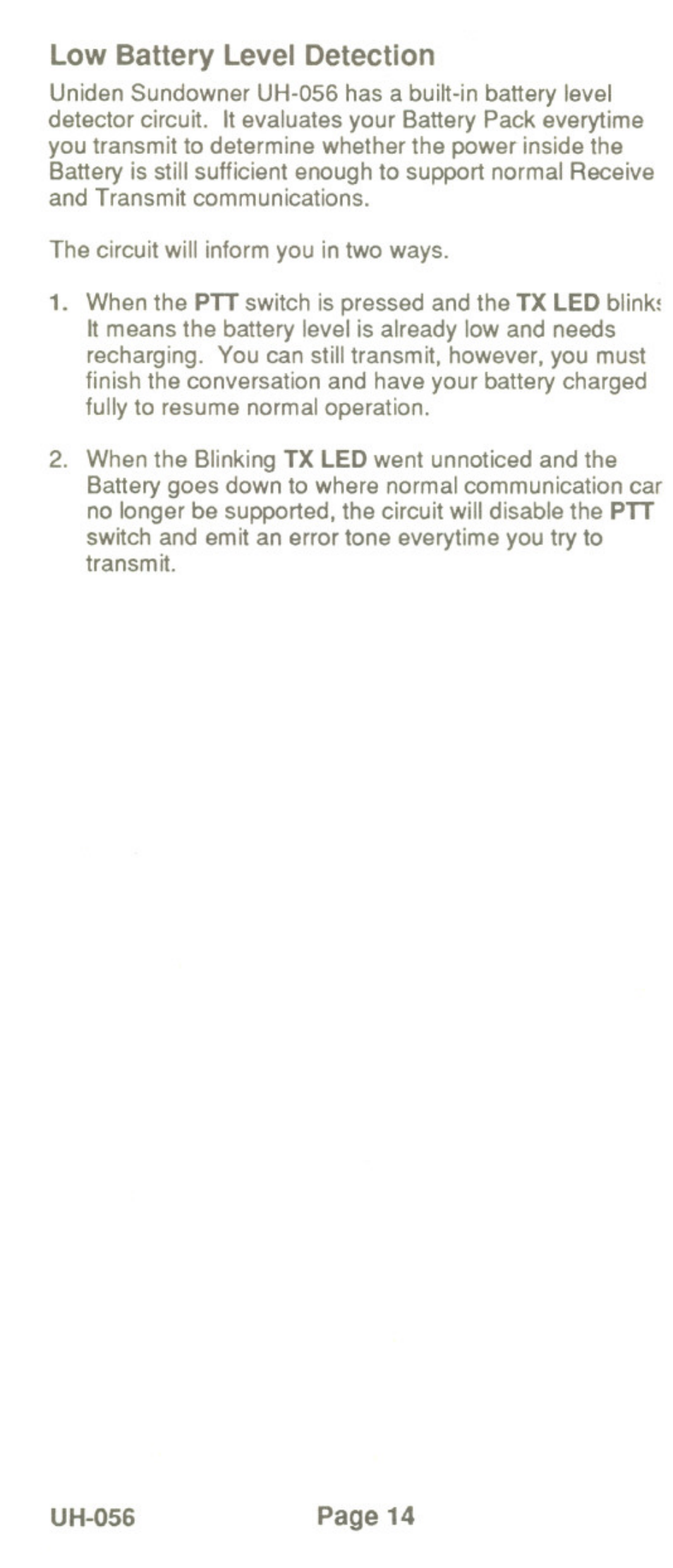 Low battery level detection | Uniden UH-056 User Manual | Page 16 / 24