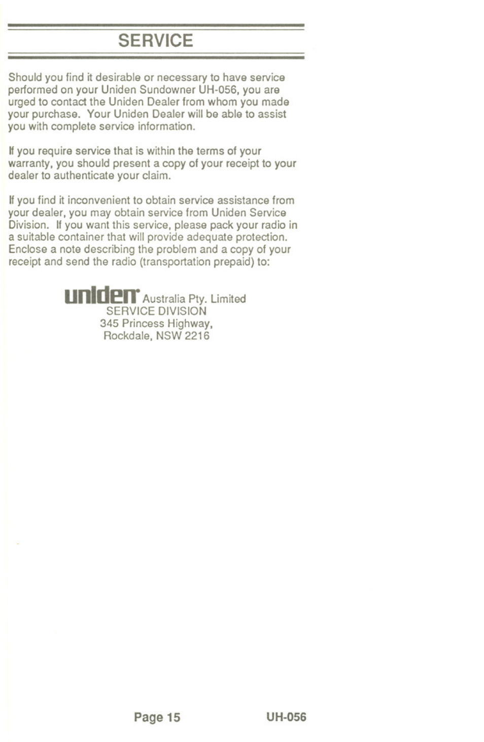 Service | Uniden UH-056 User Manual | Page 17 / 24