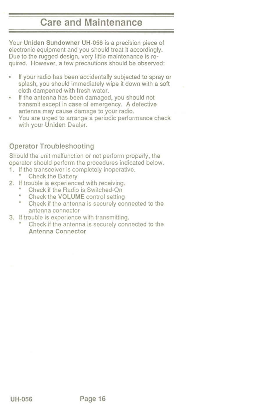 Care and maintenance, Operator troubleshooting | Uniden UH-056 User Manual | Page 18 / 24