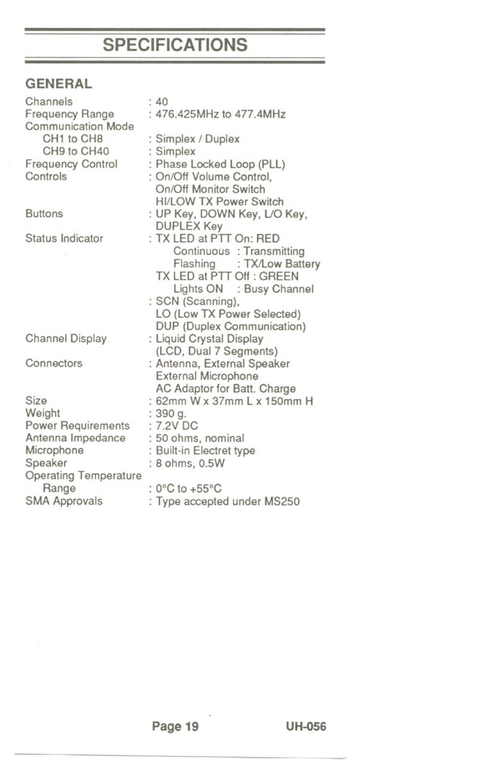 Specifications | Uniden UH-056 User Manual | Page 21 / 24