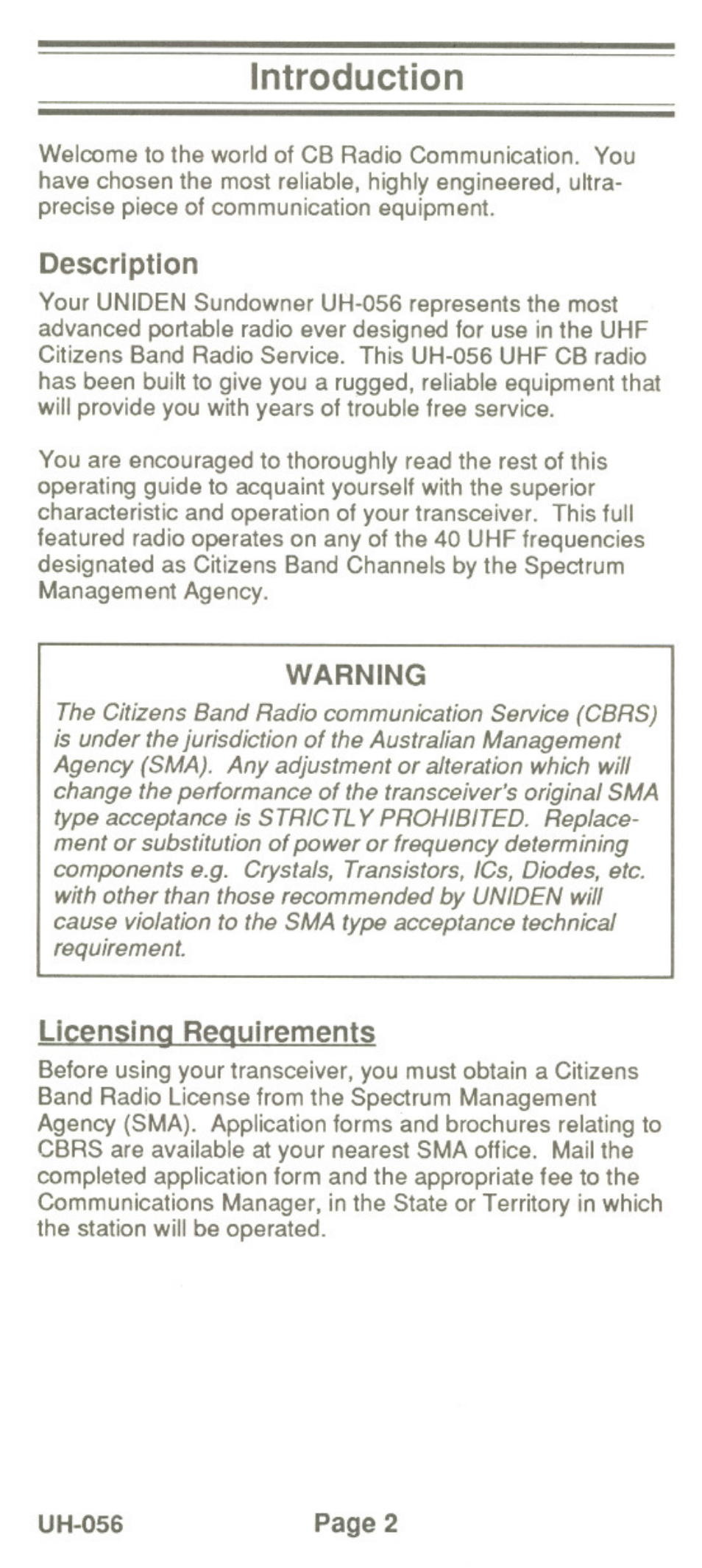 Introduction, Description, Licensing requirements | Uniden UH-056 User Manual | Page 4 / 24