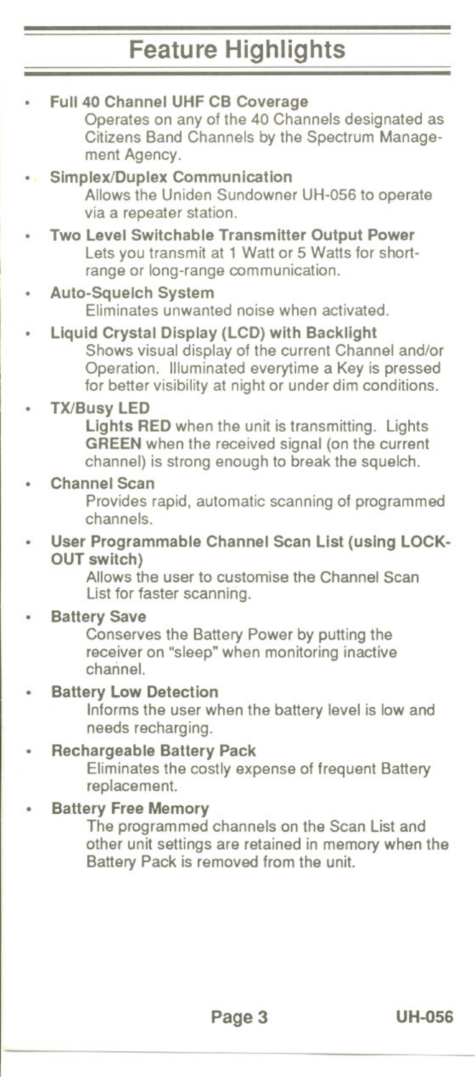 Feature highlights | Uniden UH-056 User Manual | Page 5 / 24