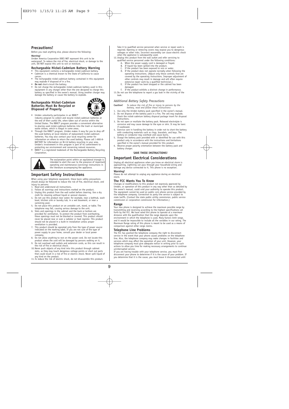 9precautions, Important safety instructions, Important electrical considerations | Uniden 900 MHz User Manual | Page 10 / 12