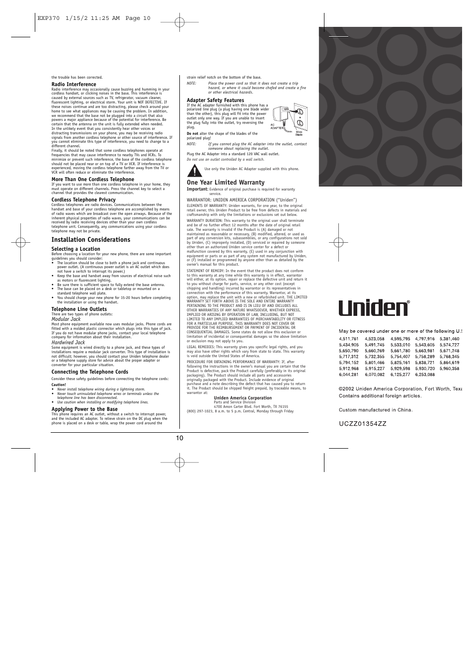 Installation considerations, One year limited warranty | Uniden 900 MHz User Manual | Page 11 / 12