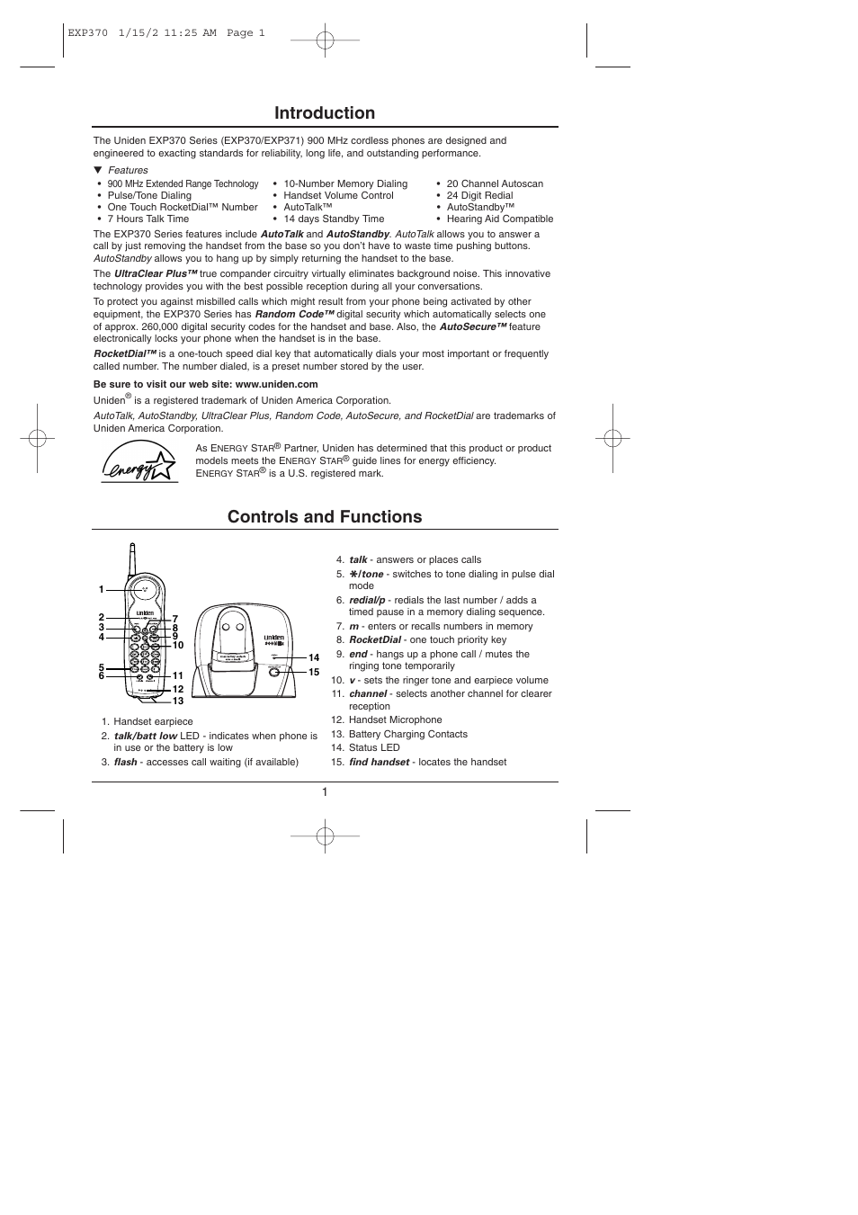 Introduction, Controls and functions | Uniden 900 MHz User Manual | Page 2 / 12