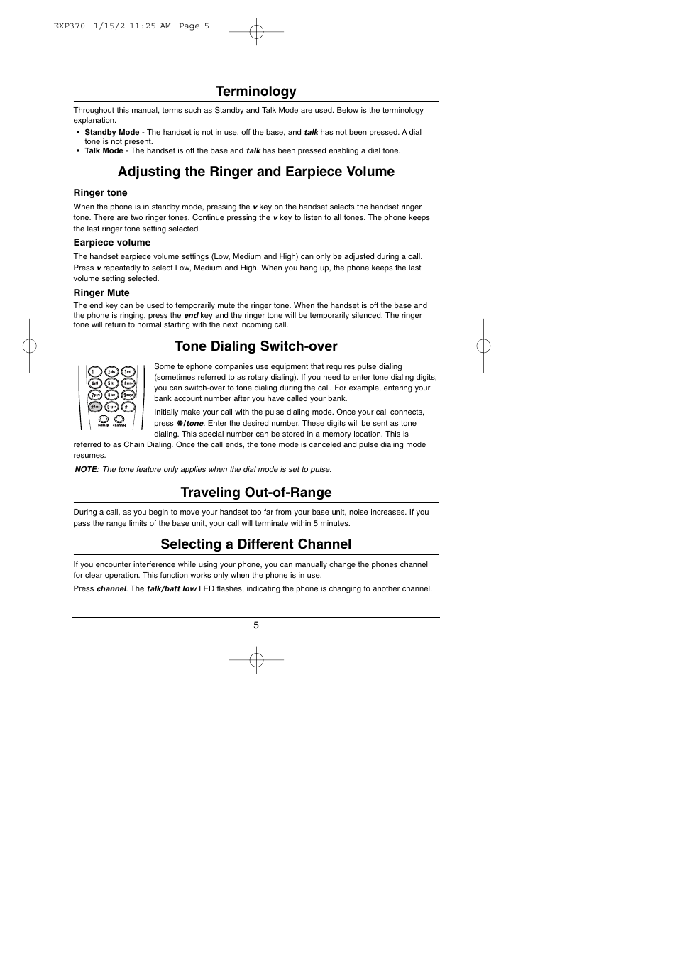 Terminology, Adjusting the ringer and earpiece volume, Tone dialing switch-over | Traveling out-of-range, Selecting a different channel | Uniden 900 MHz User Manual | Page 6 / 12