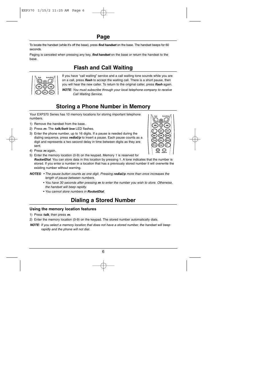 Page, Flash and call waiting, Dialing a stored number | Uniden 900 MHz User Manual | Page 7 / 12