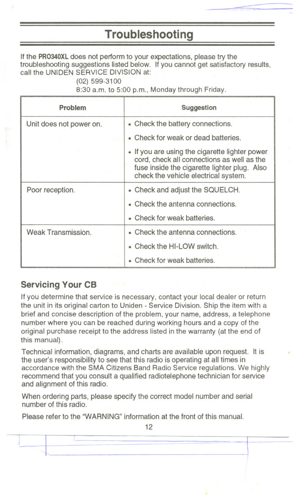 Troubleshooting, Servicing your cb | Uniden PRO340XL User Manual | Page 14 / 17