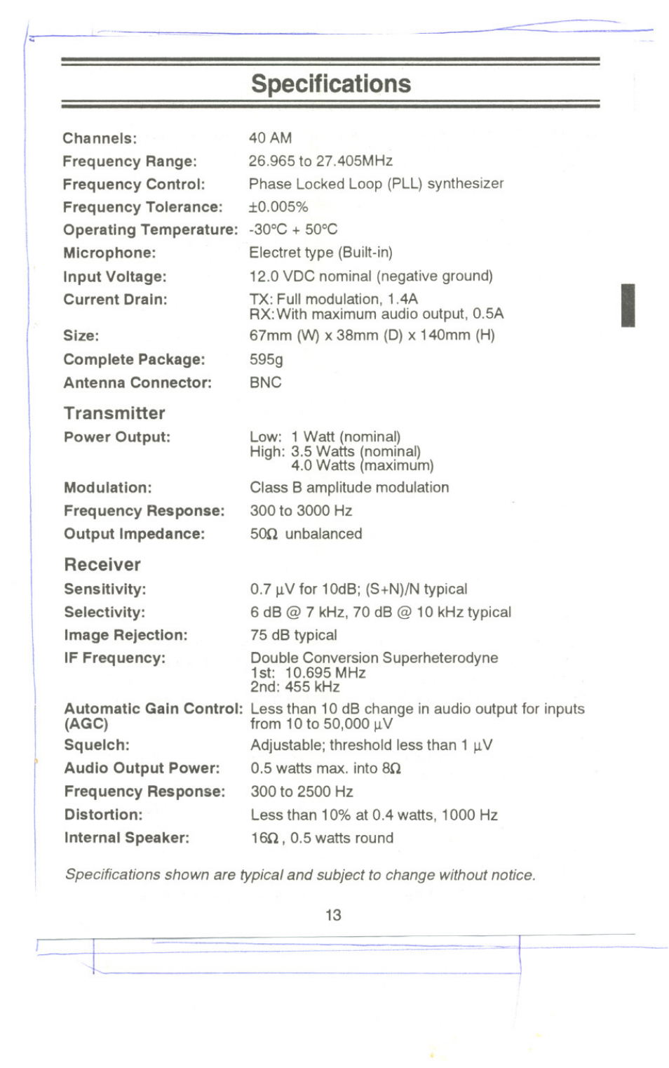 Specifications, Channels, Current drain | Size, Transmitter, Receiver | Uniden PRO340XL User Manual | Page 15 / 17