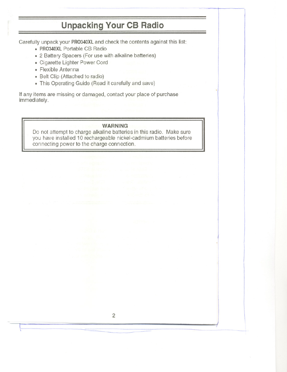 Warning, Unpacking your cb radio | Uniden PRO340XL User Manual | Page 4 / 17