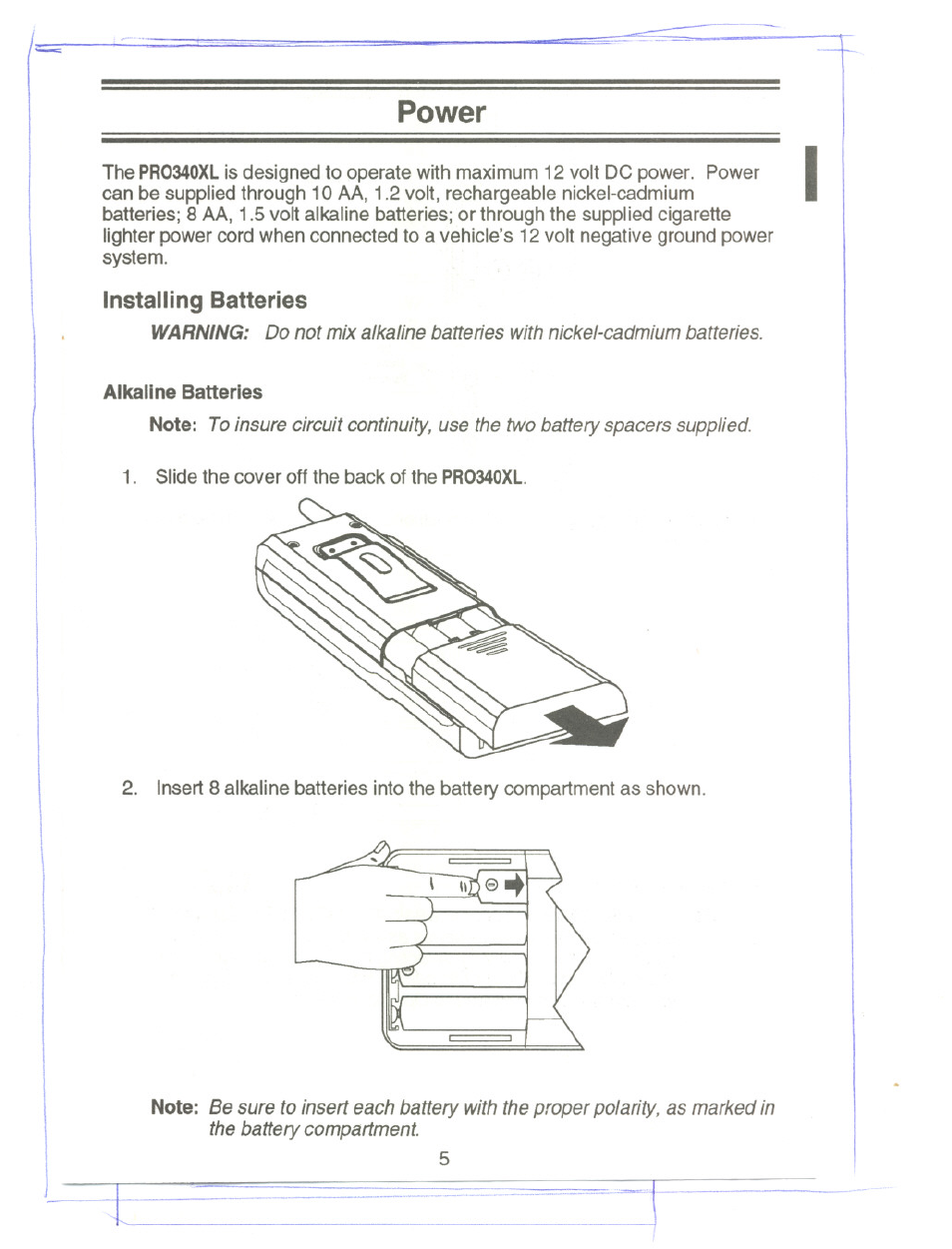 Alkaline batteries, Power | Uniden PRO340XL User Manual | Page 7 / 17