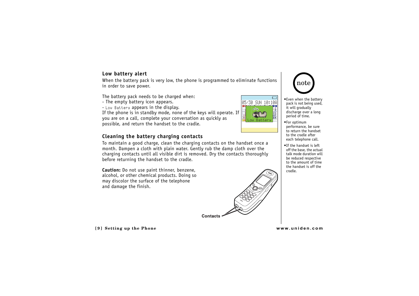 Low battery alert, Cleaning the battery charging contacts | Uniden CLX 465 User Manual | Page 10 / 80