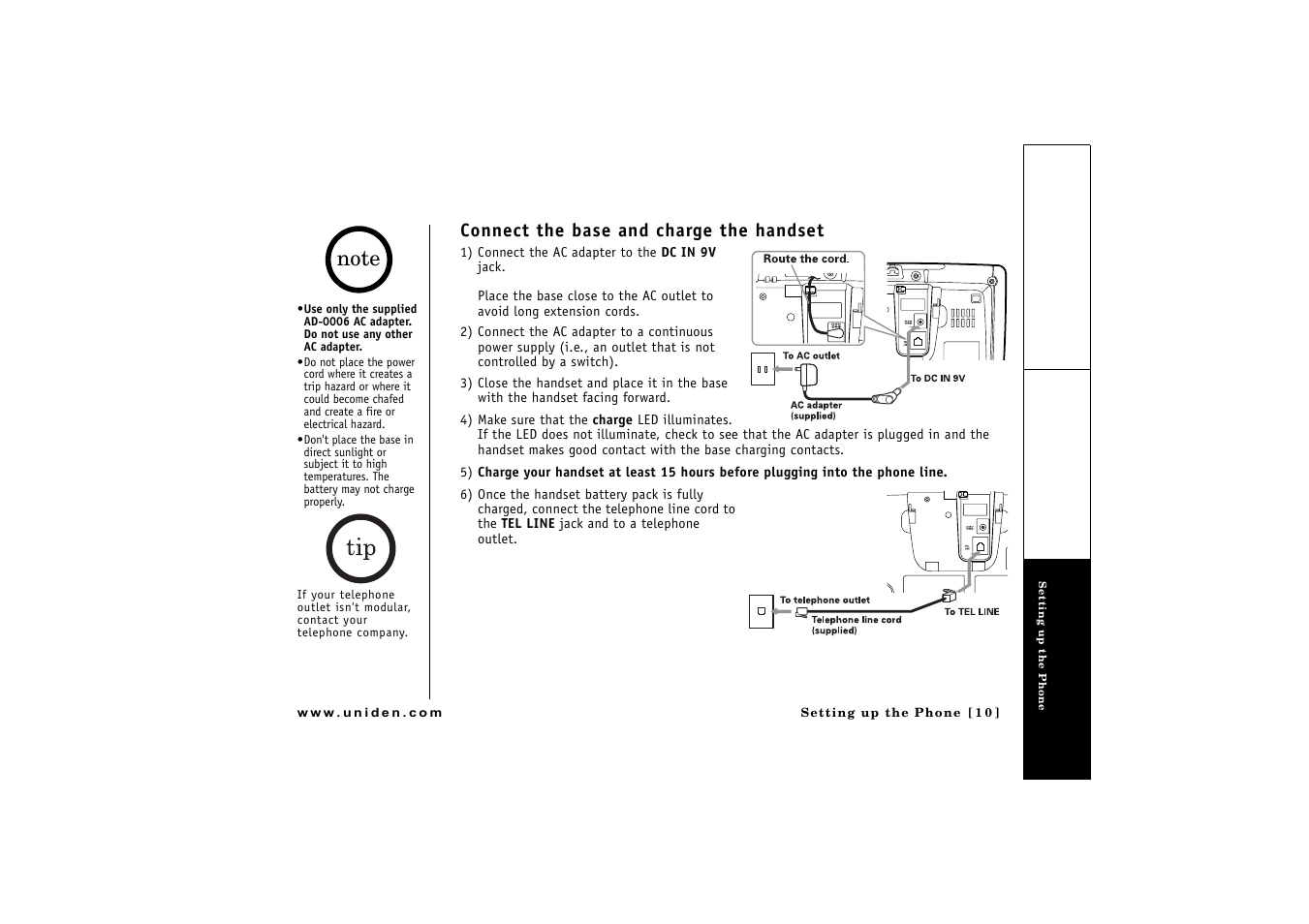 Connect the base and charge the handset | Uniden CLX 465 User Manual | Page 11 / 80