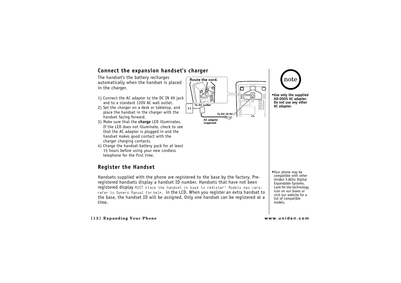 Connect the expansion handset's charger, Register the handset | Uniden CLX 465 User Manual | Page 14 / 80