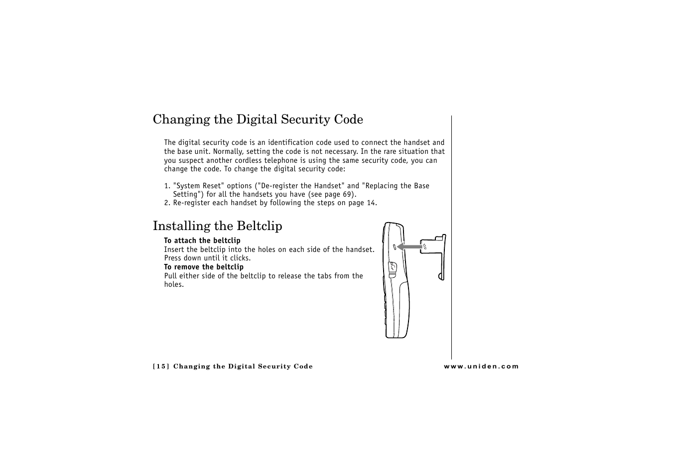 Changing the digital security code, Installing the beltclip | Uniden CLX 465 User Manual | Page 16 / 80
