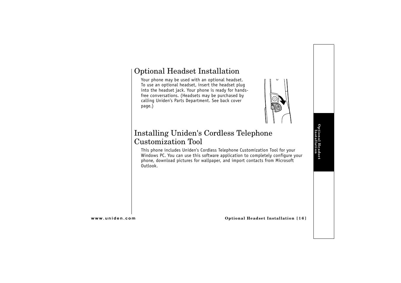 Optional headset installation | Uniden CLX 465 User Manual | Page 17 / 80