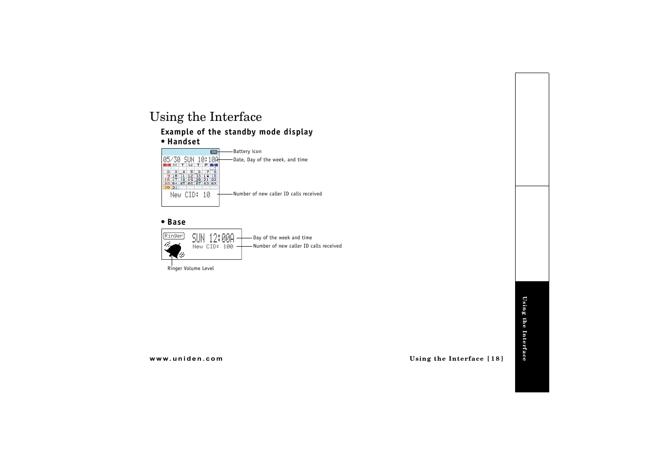 Using the interface, Example of the standby mode display | Uniden CLX 465 User Manual | Page 19 / 80