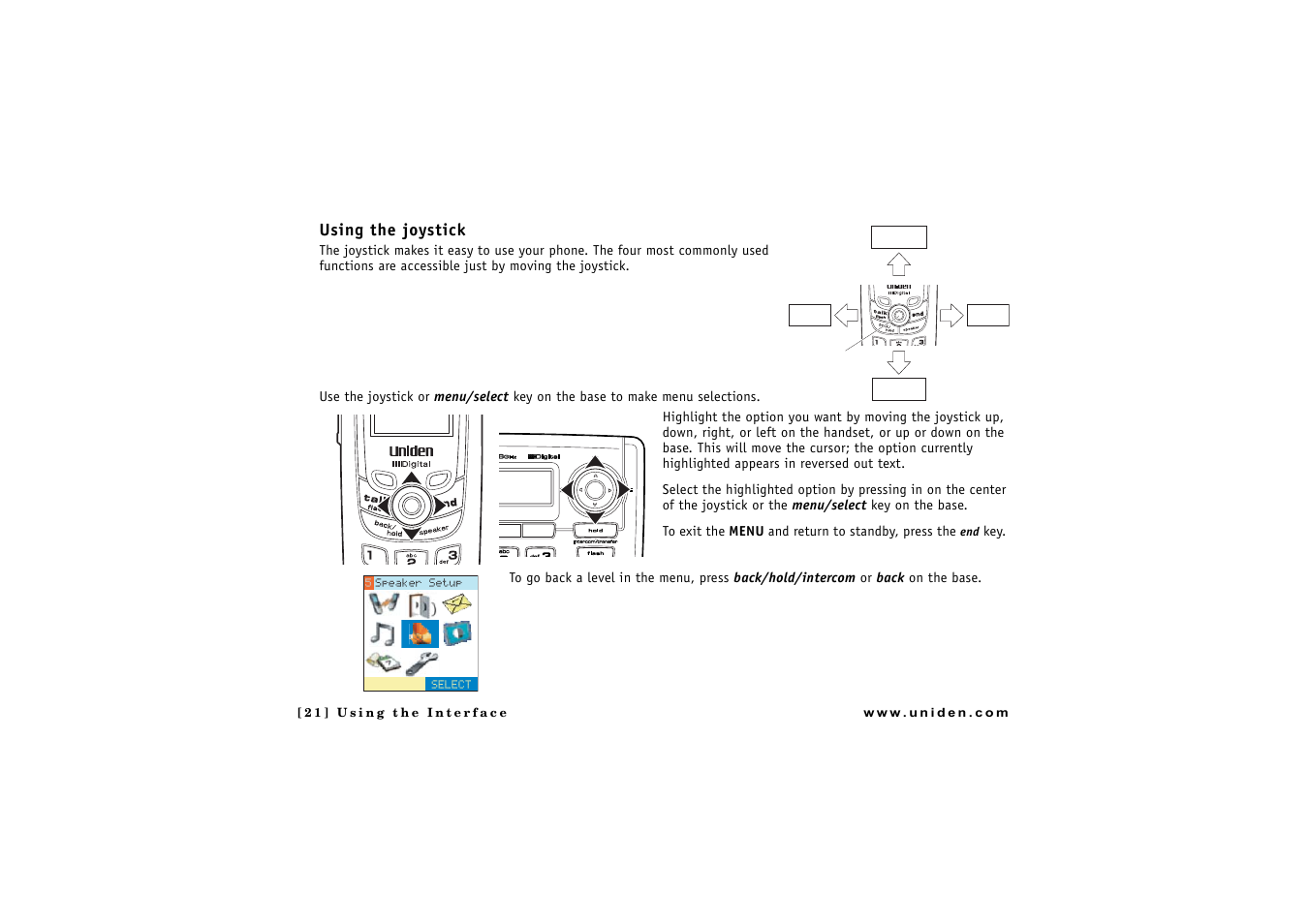 Using the joystick, P. 21, 41, Ck (p. 21) | P. 21), P. 21 & 44) | Uniden CLX 465 User Manual | Page 22 / 80