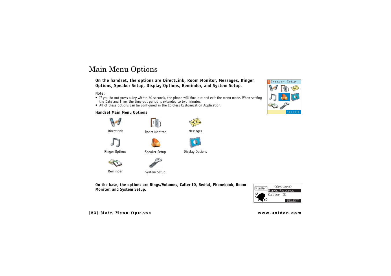 Main menu options | Uniden CLX 465 User Manual | Page 24 / 80