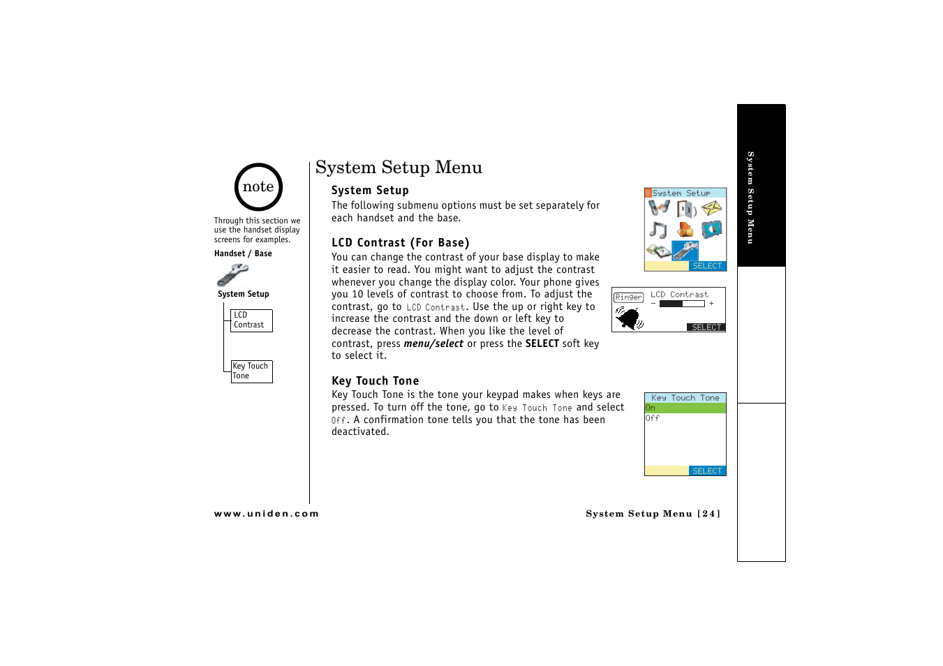 System setup menu | Uniden CLX 465 User Manual | Page 25 / 80