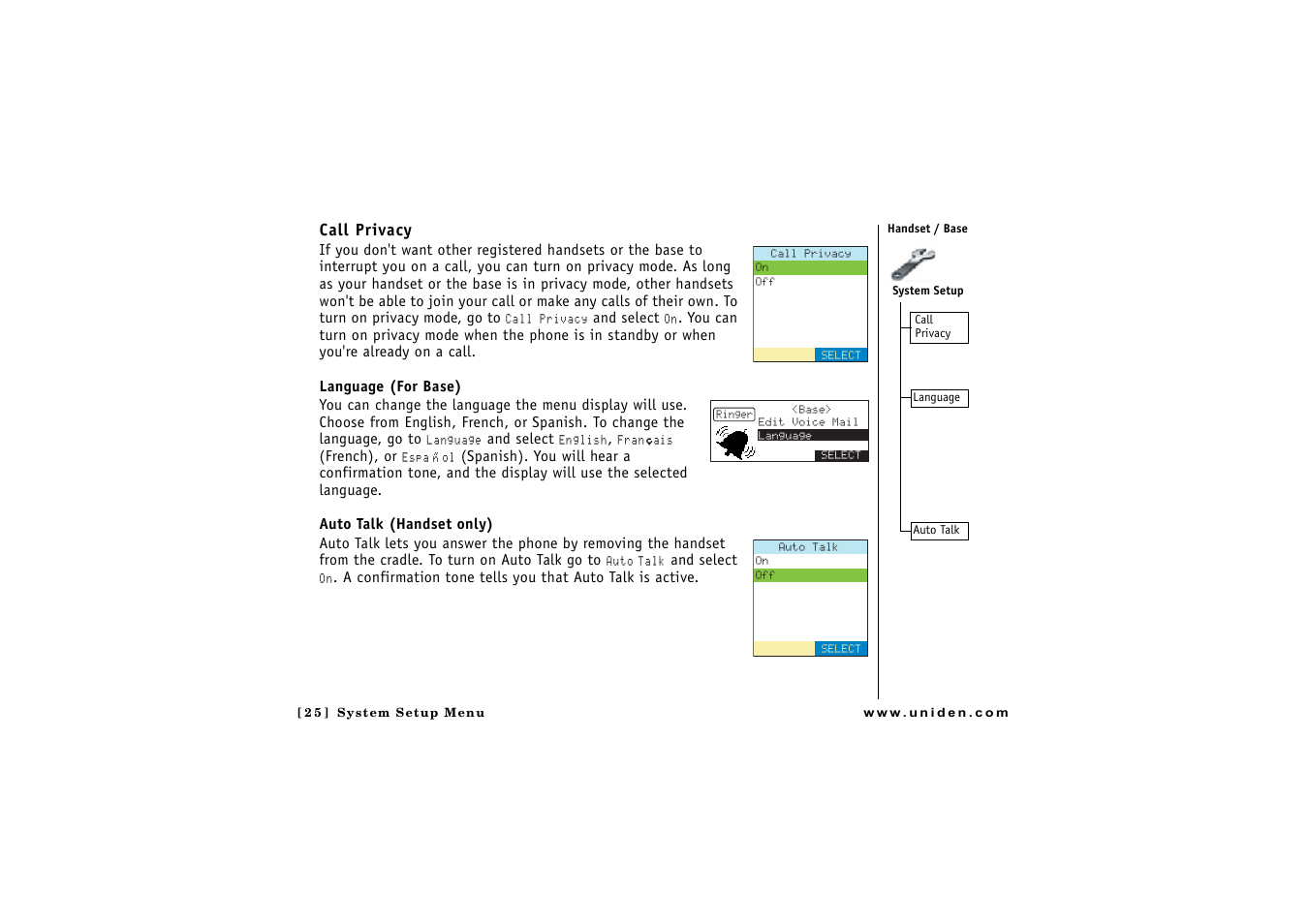 Call privacy | Uniden CLX 465 User Manual | Page 26 / 80