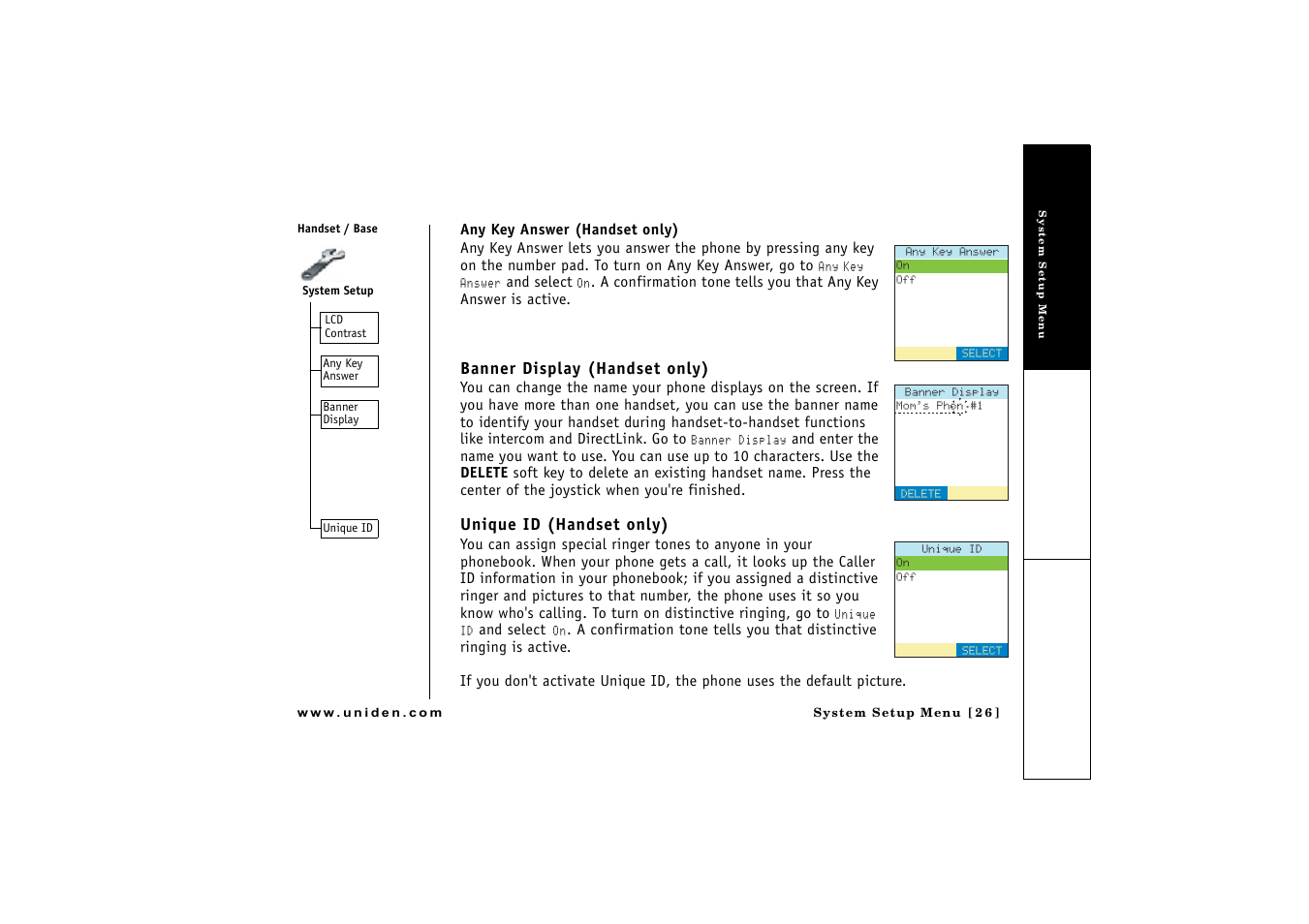 Banner display (handset only), Unique id (handset only) | Uniden CLX 465 User Manual | Page 27 / 80