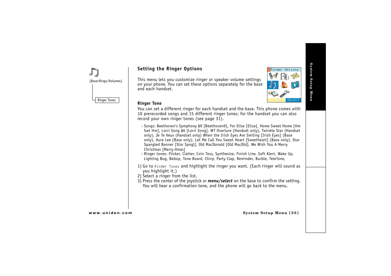 Setting the ringer options | Uniden CLX 465 User Manual | Page 31 / 80