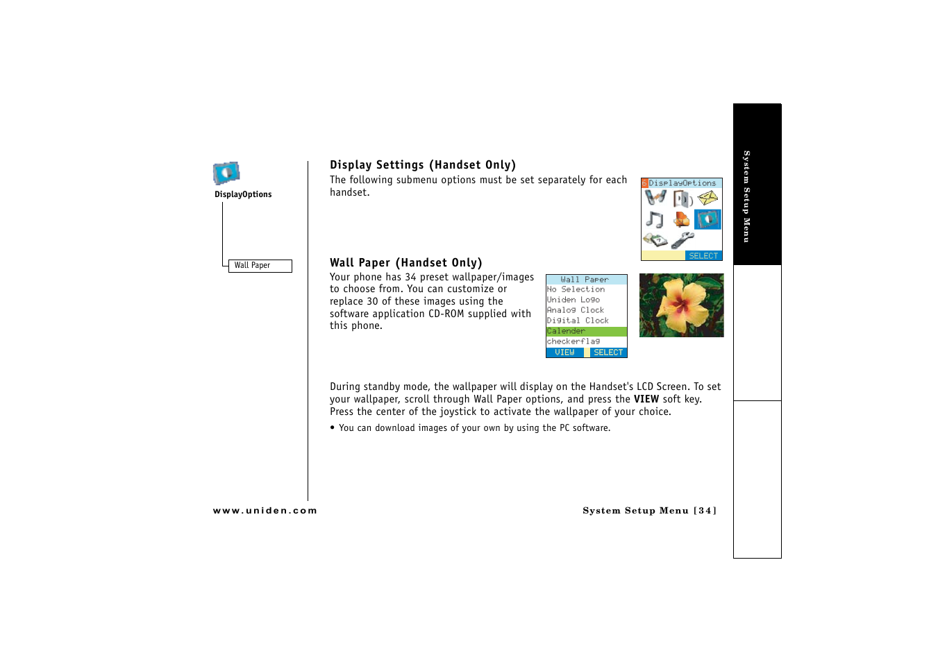 Display settings (handset only), Wall paper (handset only) | Uniden CLX 465 User Manual | Page 35 / 80