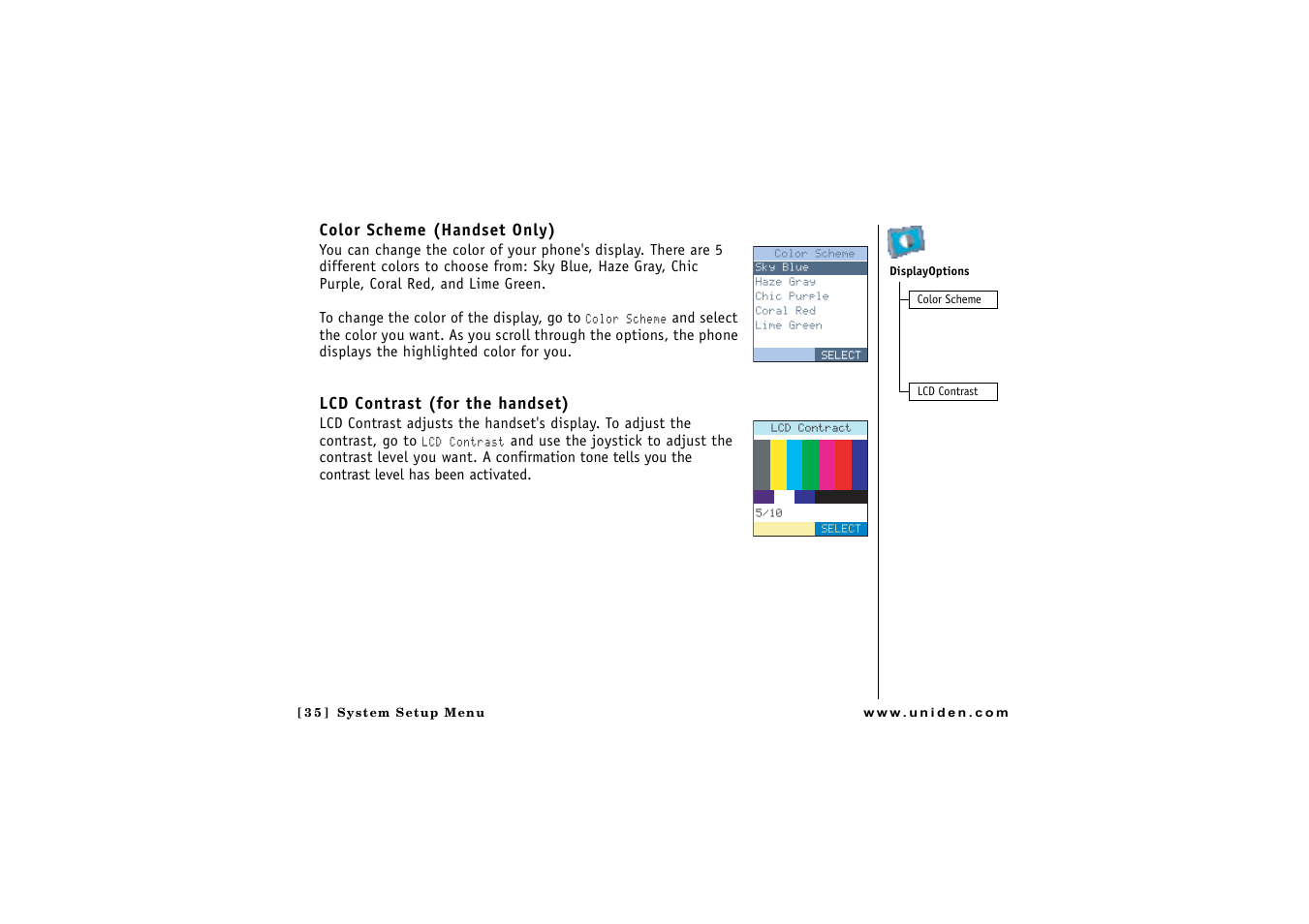 Color scheme (handset only), Lcd contrast (for the handset) | Uniden CLX 465 User Manual | Page 36 / 80