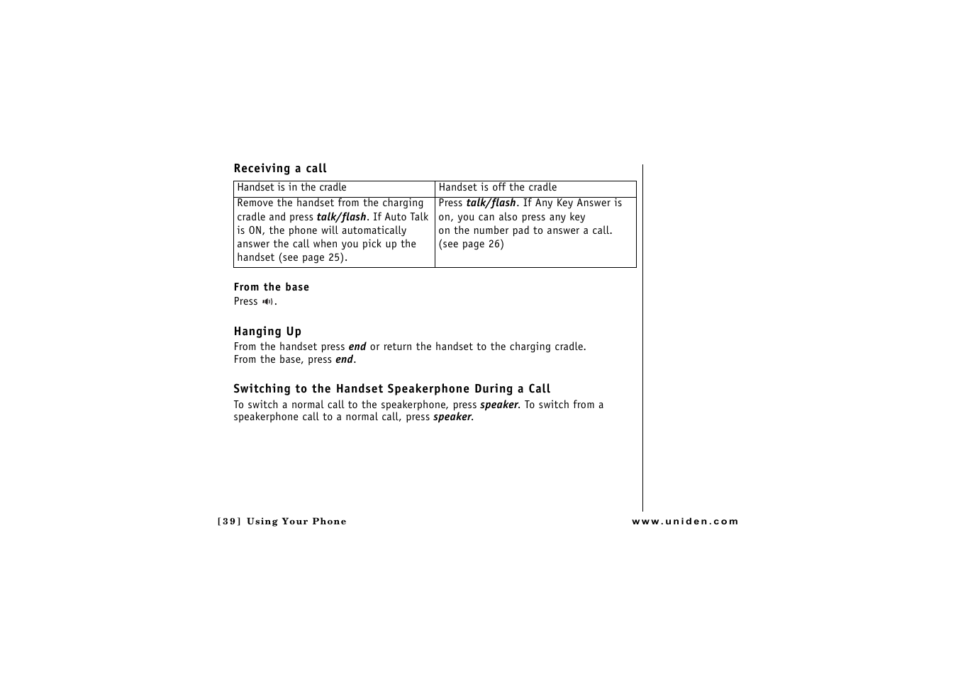 Receiving a call, Hanging up, D (p. 39 | D (p. 39) | Uniden CLX 465 User Manual | Page 40 / 80