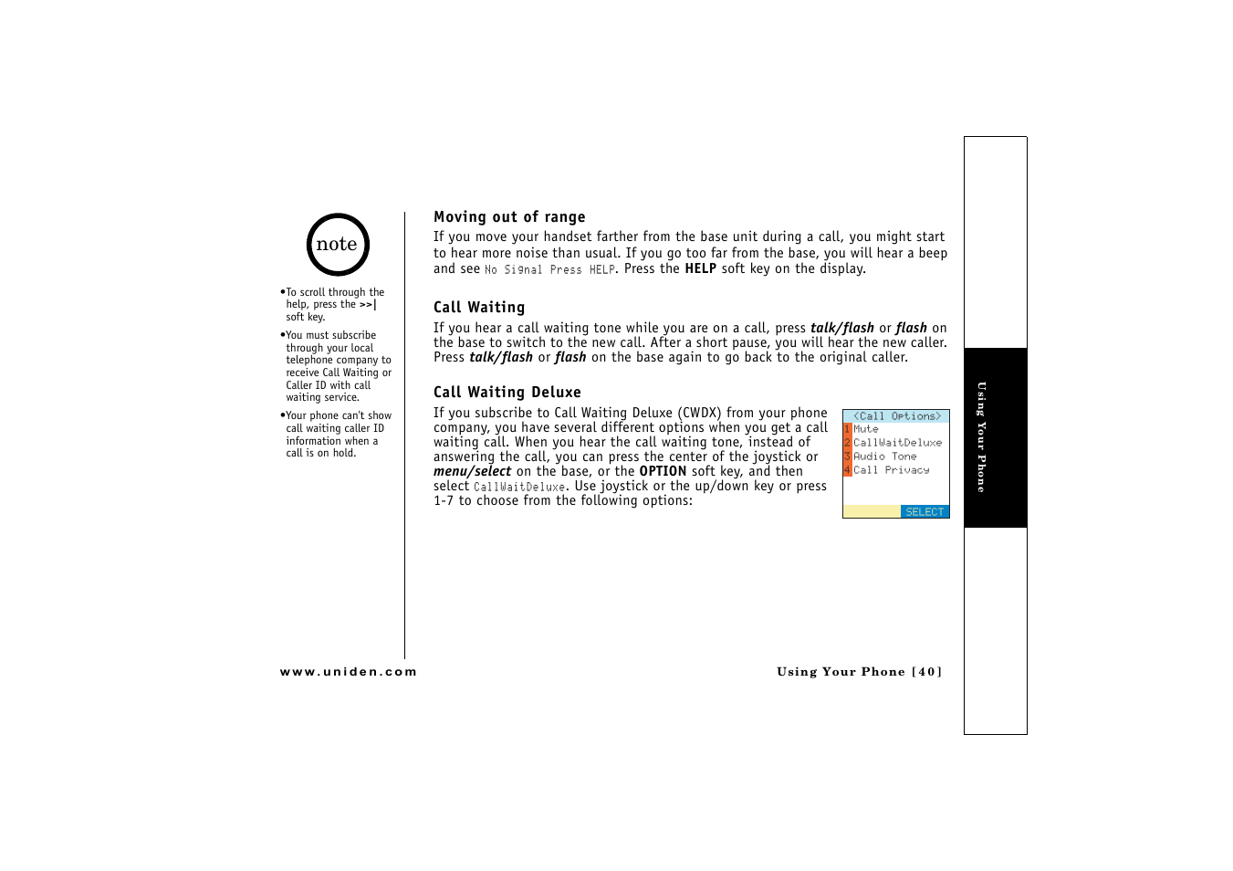 Moving out of range, Call waiting, Call waiting deluxe | Flash (p. 40 | Uniden CLX 465 User Manual | Page 41 / 80