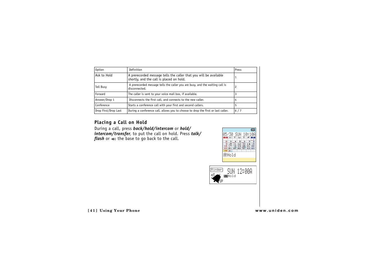 Placing a call on hold, P. 41 & 63 & 64) | Uniden CLX 465 User Manual | Page 42 / 80