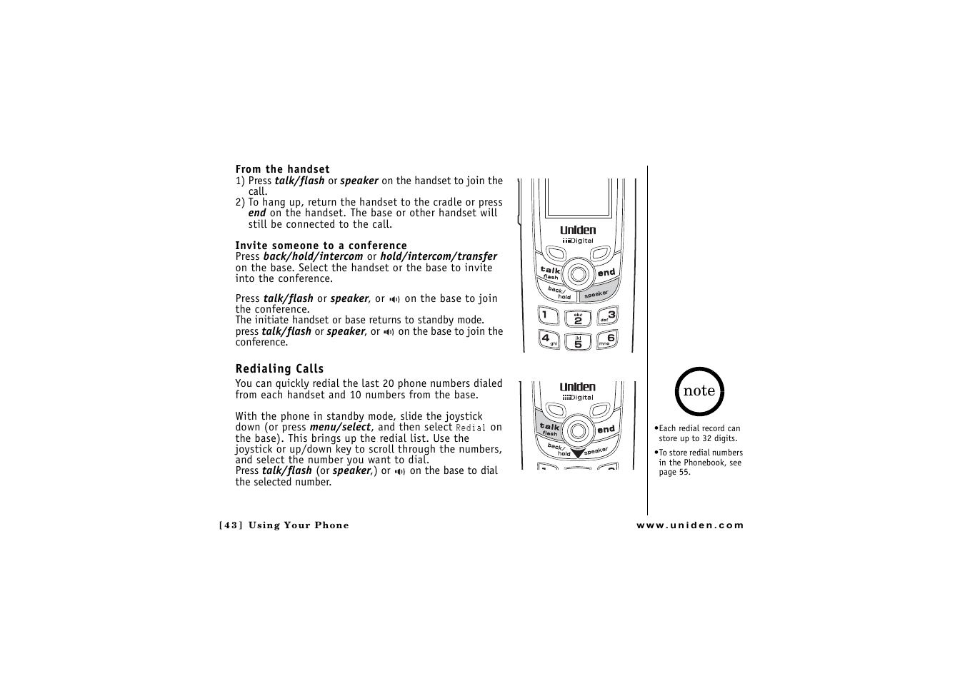 Redialing calls | Uniden CLX 465 User Manual | Page 44 / 80