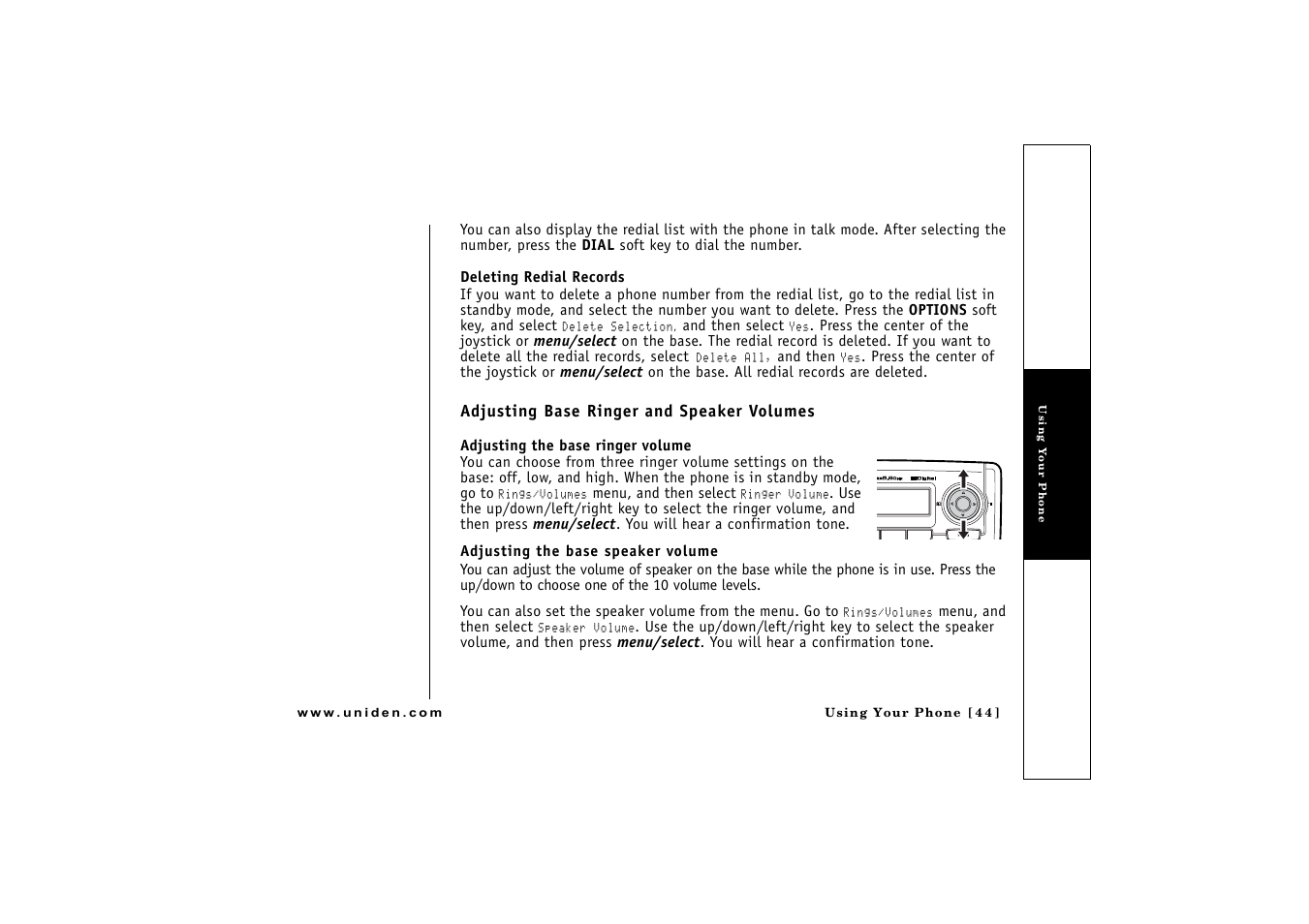 Adjusting base ringer and speaker volumes | Uniden CLX 465 User Manual | Page 45 / 80