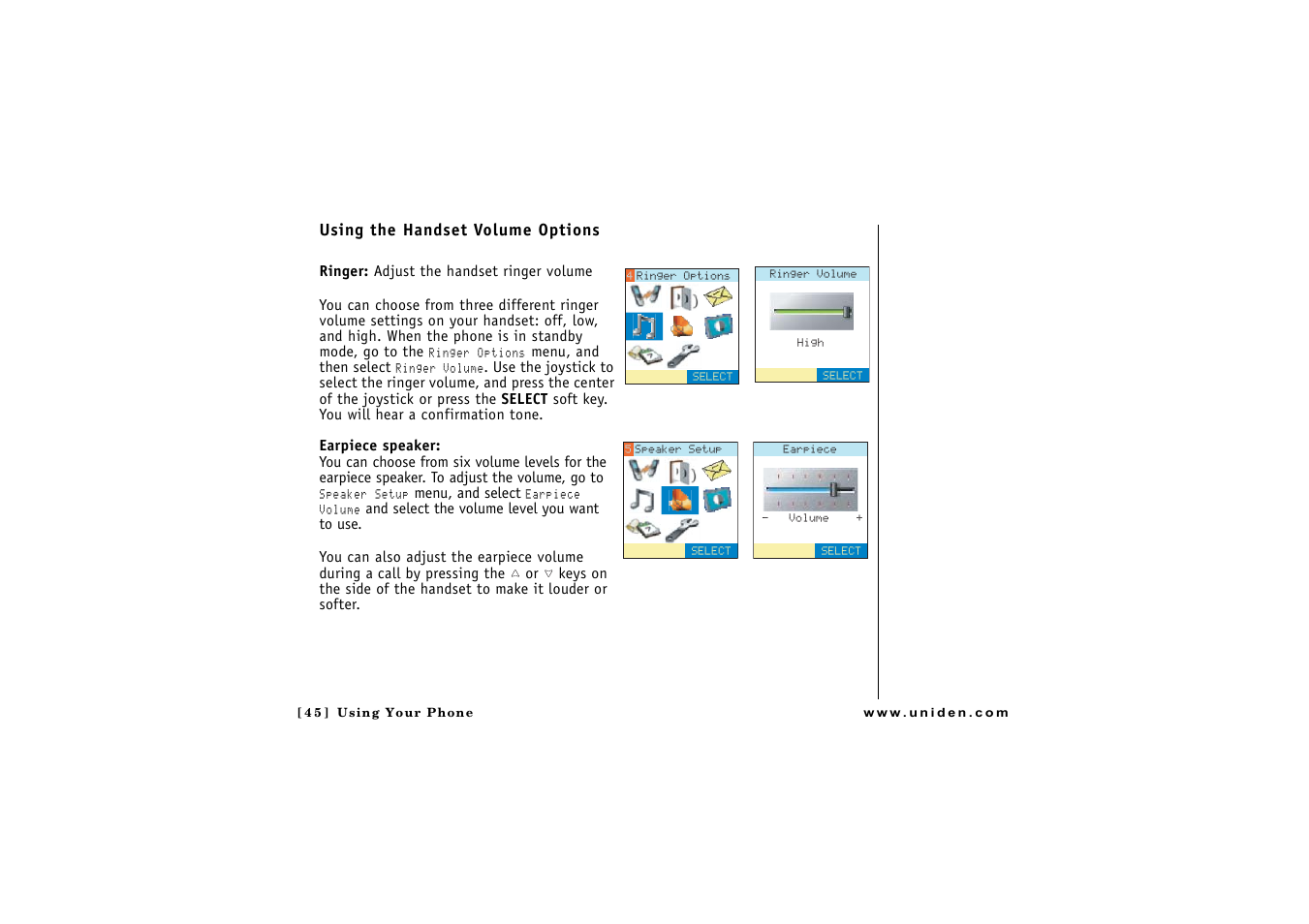 Using the handset volume options | Uniden CLX 465 User Manual | Page 46 / 80