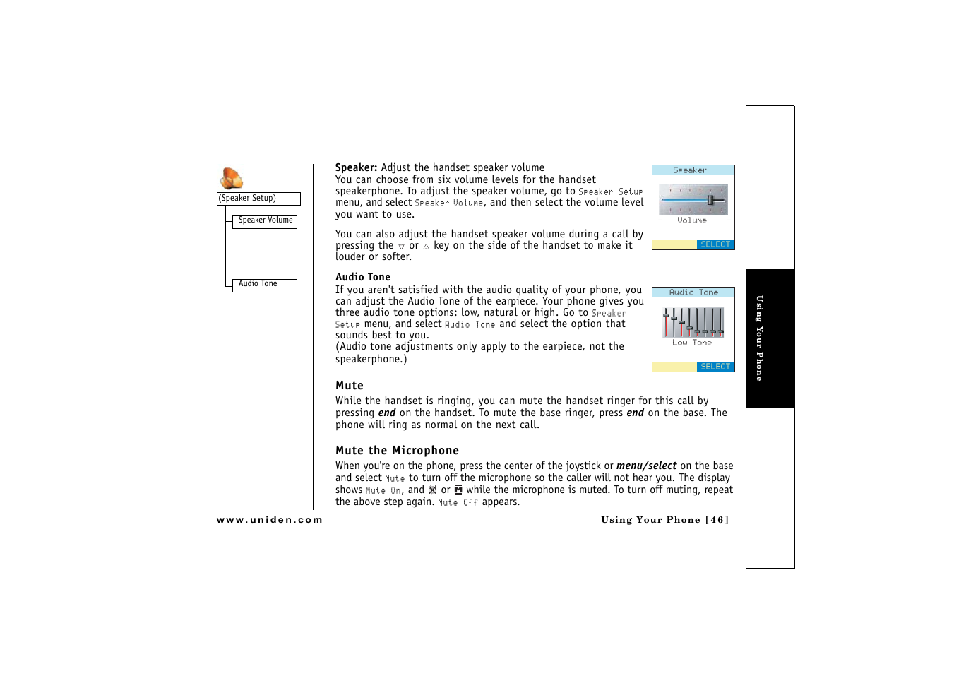 Mute, Mute the microphone, Up) (p. 46) | Own) (p. 46 | Uniden CLX 465 User Manual | Page 47 / 80