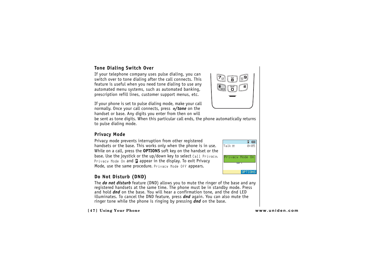 Tone dialing switch over, Privacy mode, Do not disturb (dnd) | Sturb (dnd) (p. 47), E (p | Uniden CLX 465 User Manual | Page 48 / 80